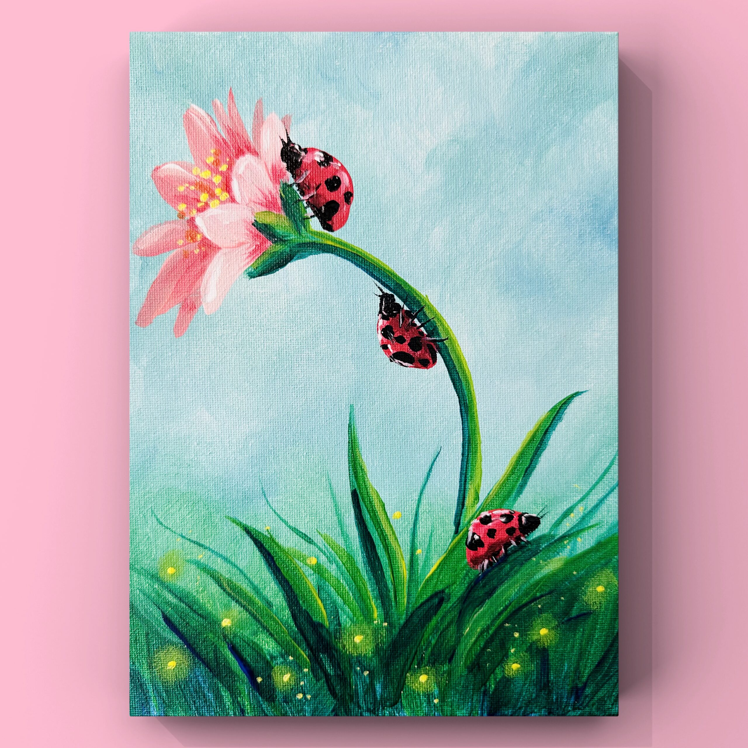 A finished acrylic painting on an 8x10 canvas featuring a pink daisy with three ladybugs crawling on the stem and petals against a soft blue and green background.