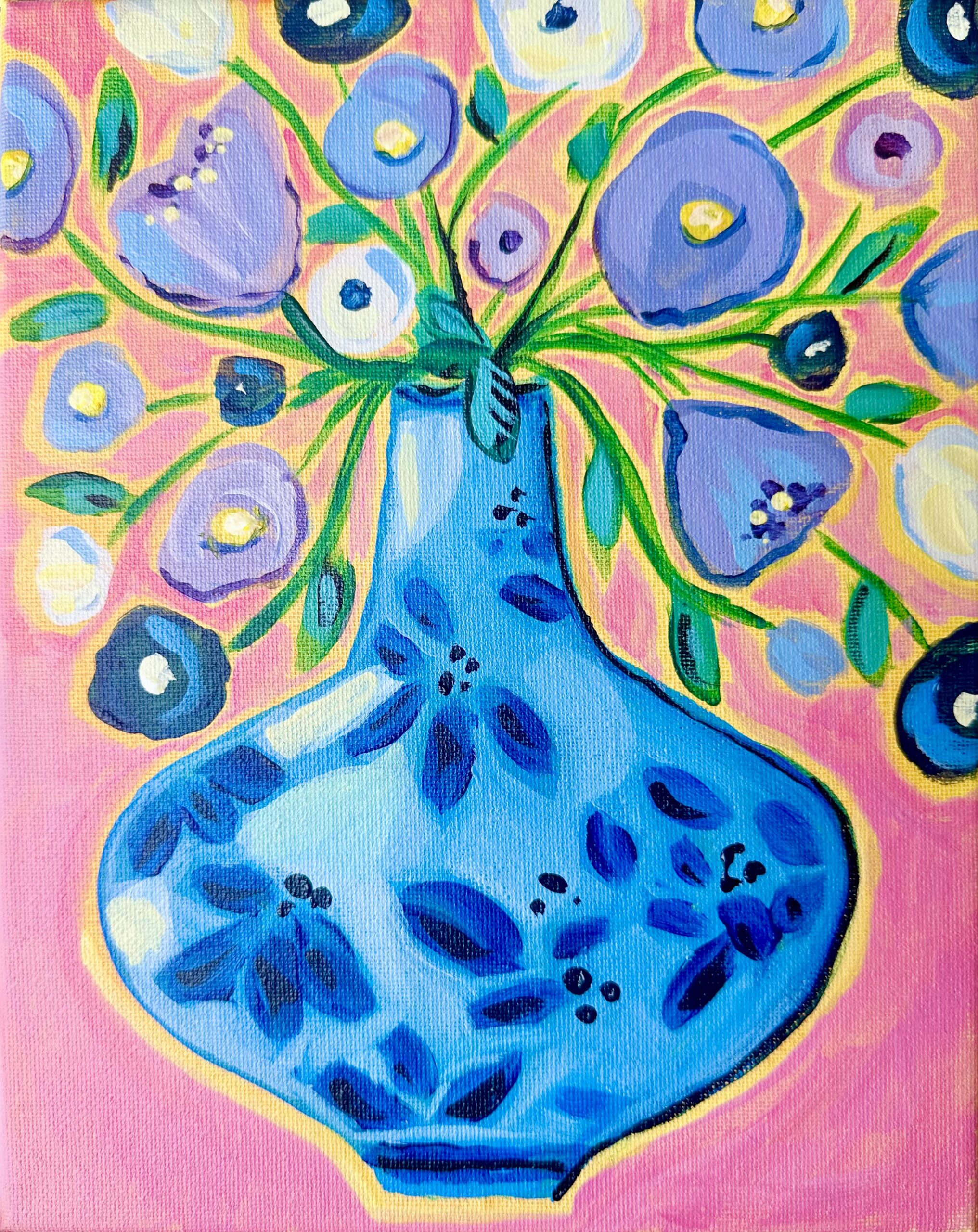 A vertical step-by-step infographic showing how to paint an abstract floral scene on an 8x10 canvas, progressing from a smooth pink background to a structured cobalt blue patterned vase, loose green stems, and layered abstract blue and white flowers, culminating in a detailed final acrylic painting